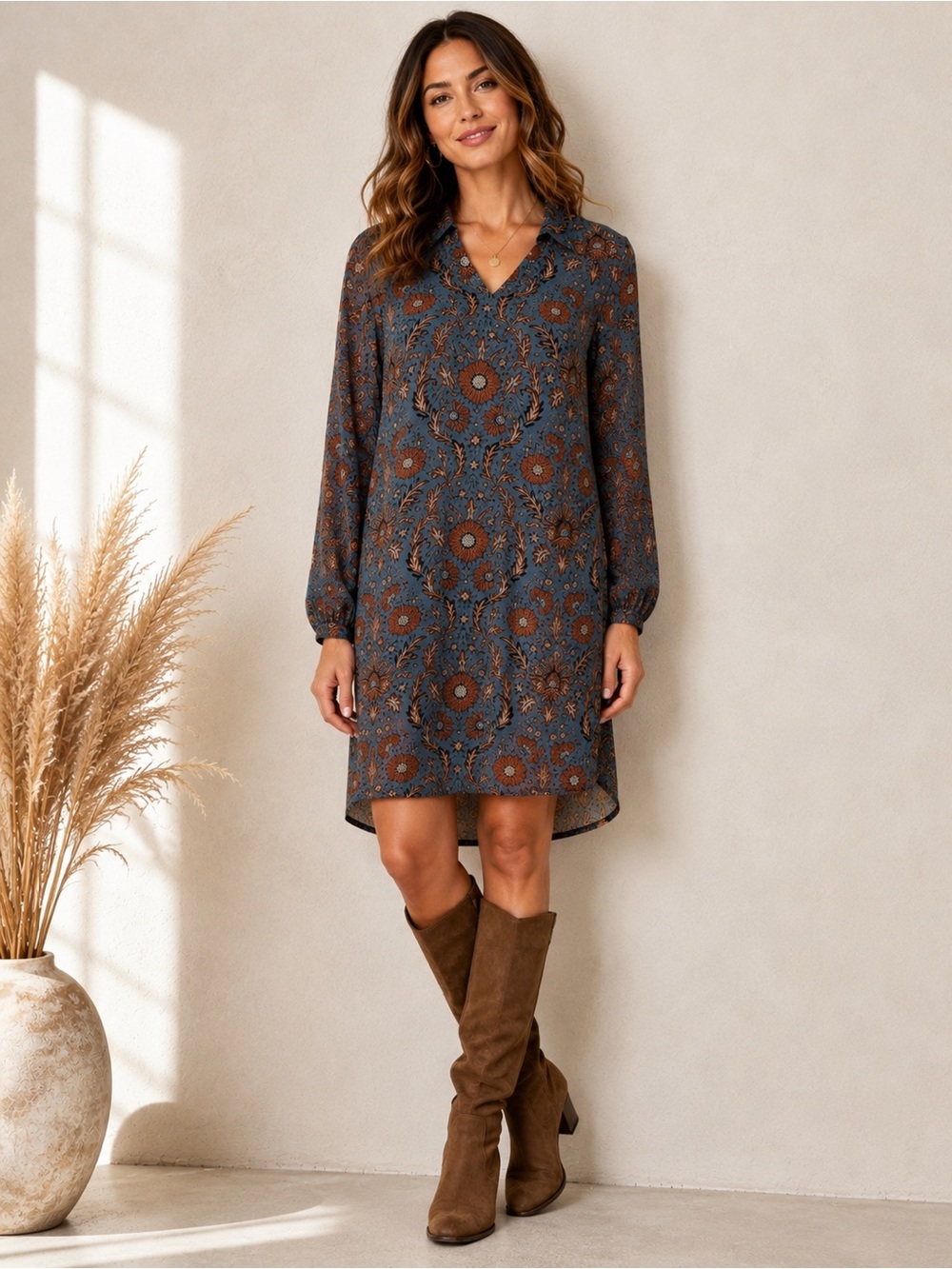 CAbi Provincial Tunic Dress M Blue Brown Floral Boho Lined Long Sleeve 3295